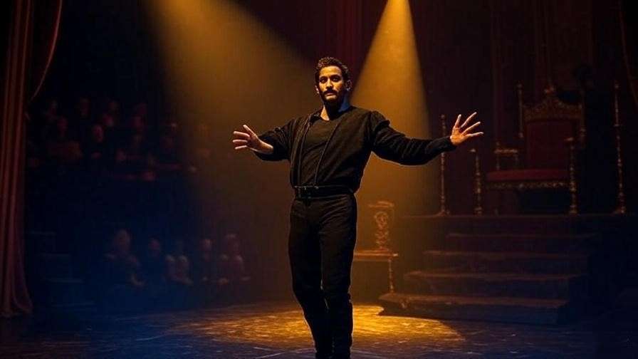 Actor in Hamlet costume on stage with spotlight and audience silhouette