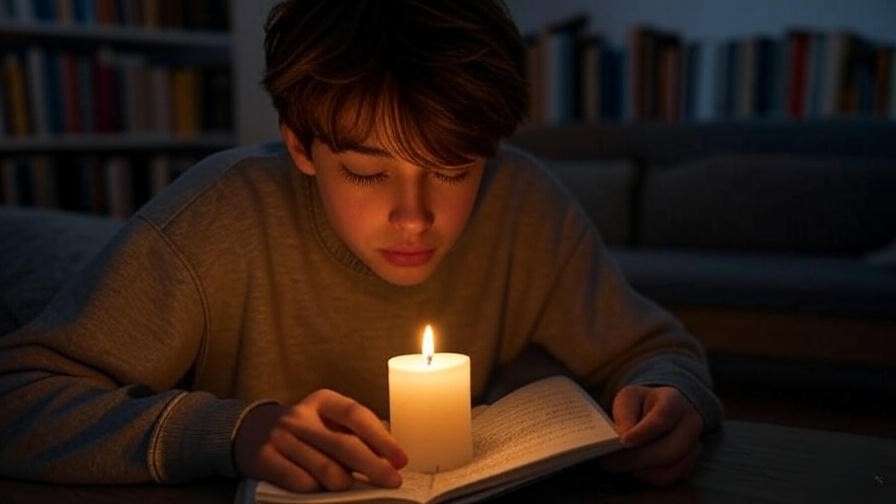 Young person journaling by candlelight with books in a cozy room
