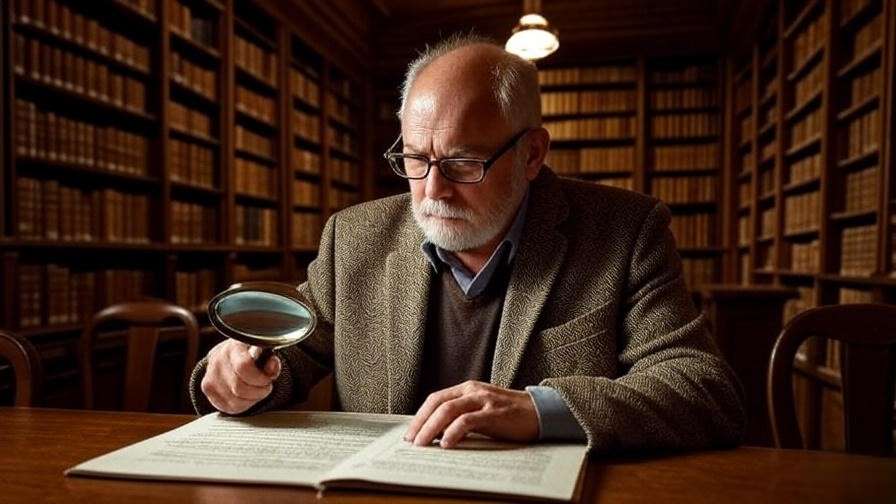 Scholar analyzing Hamlet text with magnifying glass in a library