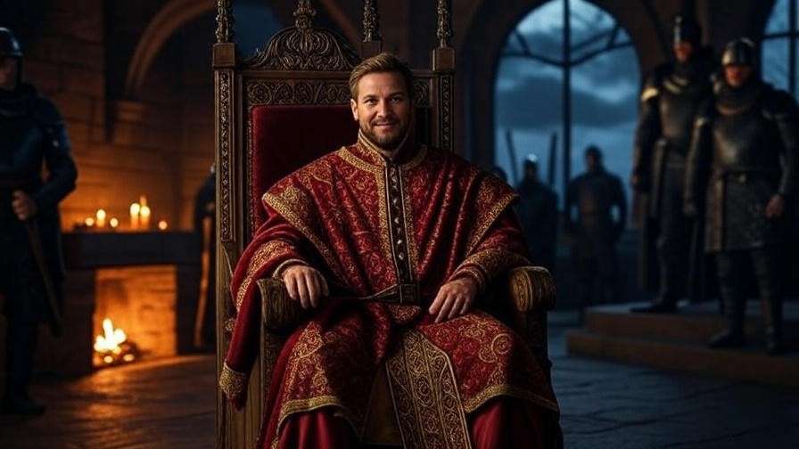 King Duncan on throne in medieval Scottish castle, warm yet wary expression, guards in background