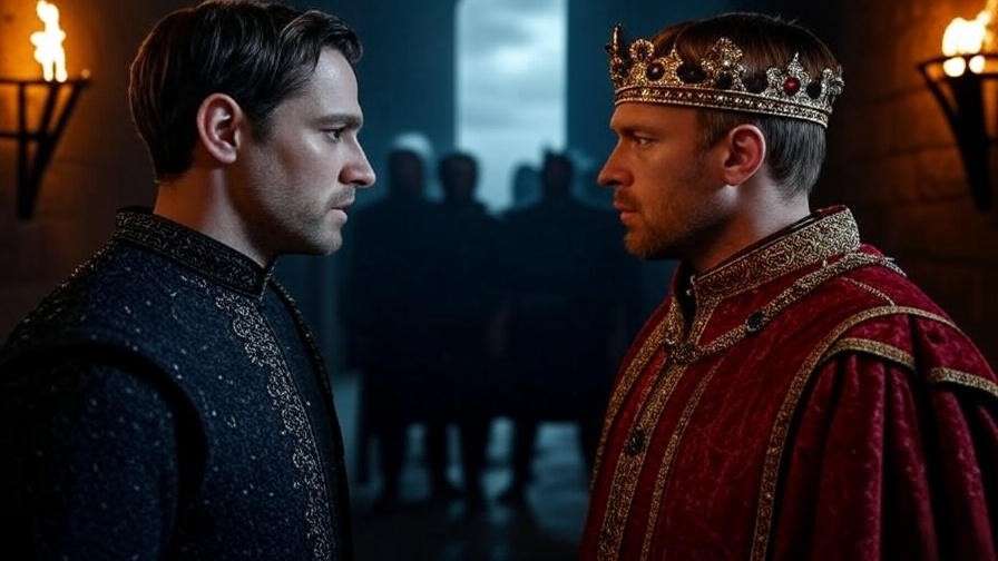 Tense confrontation between King Duncan and Macbeth in castle hallway, shadowed figures in background.