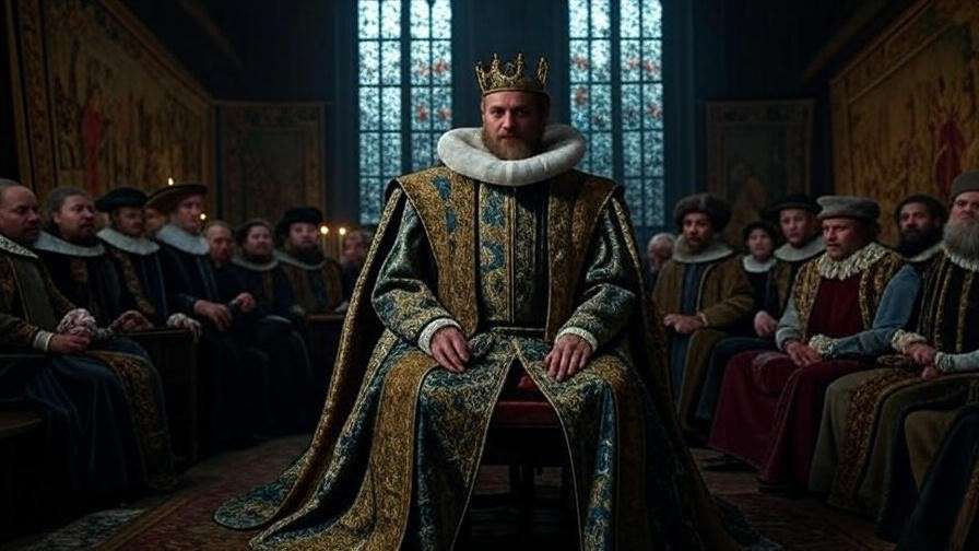 Elizabethan hall with King Duncan-like figure and courtiers, tense political atmosphere