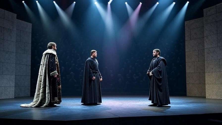Theater stage with actors as King Duncan and Macbeth in dramatic performance