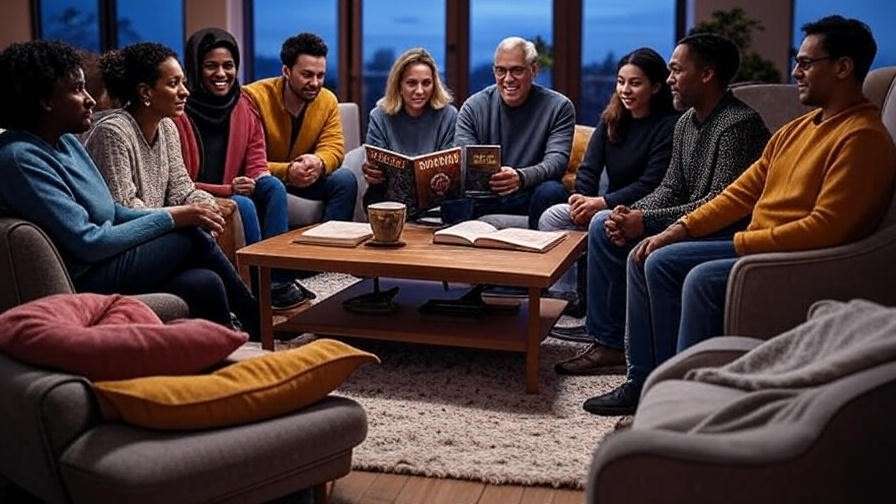 Diverse group reading Macbeth together in cozy modern setting.
