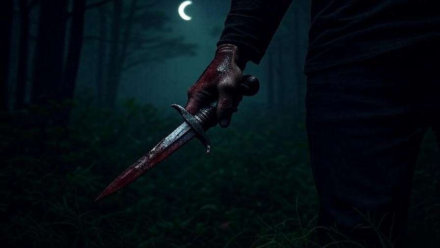 Blood-stained hand holding a dagger in a dark misty forest, symbolizing guilt in Macbeth.
