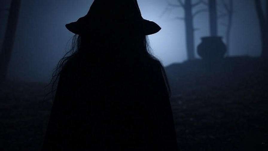 Shadowy figure with cauldron in dark misty background, symbolizing evil in Macbeth.