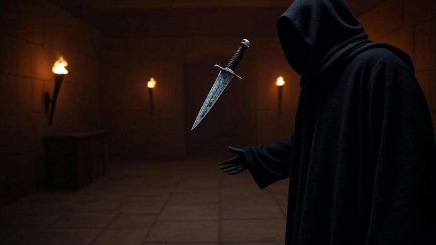 Ghostly dagger with hooded figure in dim room, symbolizing ambition in Macbeth