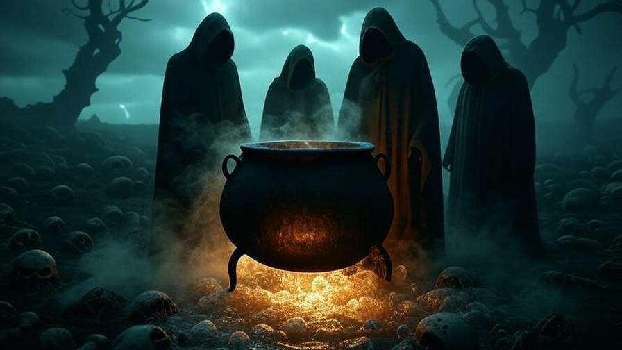 Three cloaked witches around a cauldron in foggy landscape, symbolizing fate in Macbeth