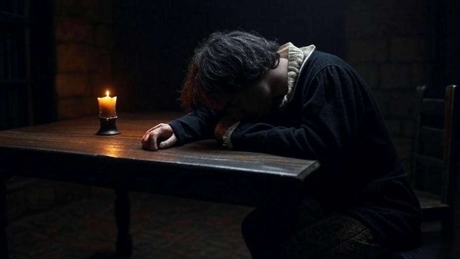 Slumped figure in dark room with faint glow, symbolizing lost sleep in Macbeth