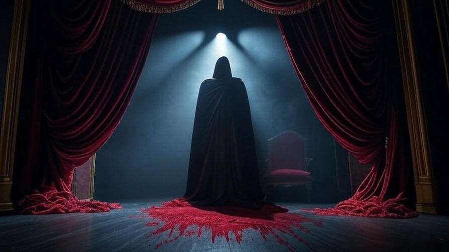 Theatrical stage with blood-red curtains and shadowy figure, symbolizing Macbeth adaptations