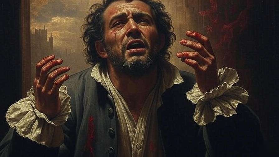Classical painting of tormented figure with blood-stained hands, representing Macbeth art
