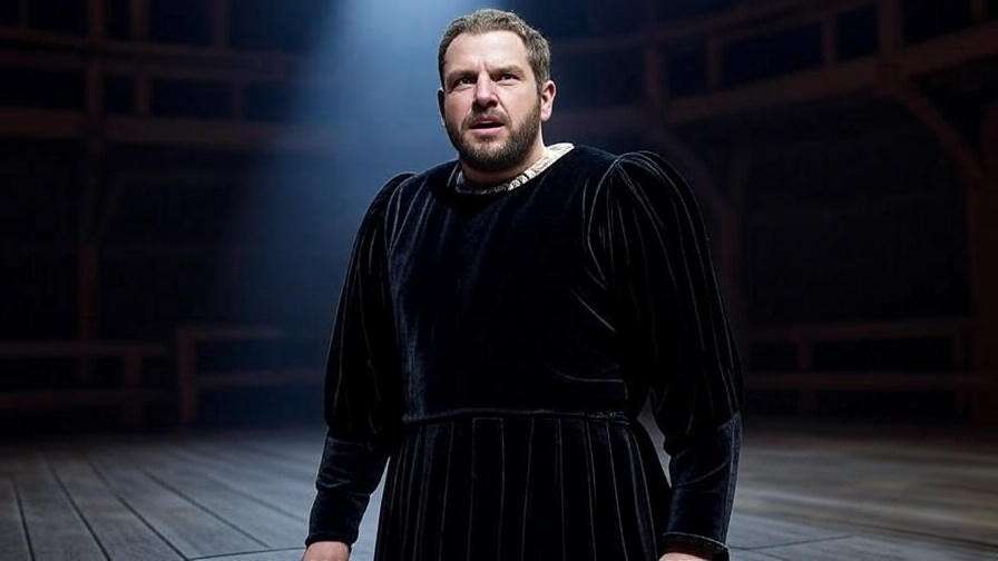 Actor as Macbeth in a creased velvet costume on stage with Globe Theatre background.