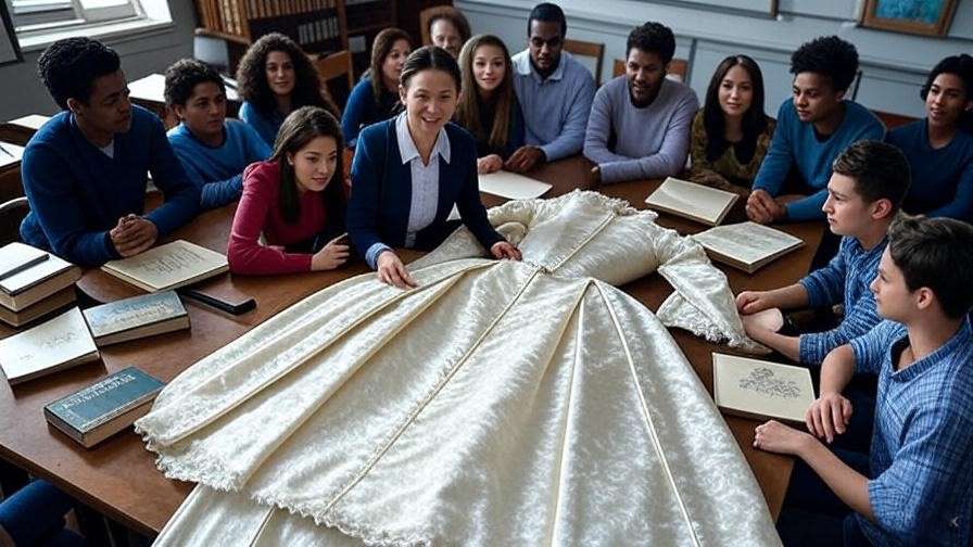 Students and teacher analyzing a creased Elizabethan gown in a classroom setting.