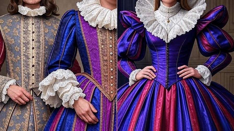 Comparison of 17th-century creased costume and modern Elizabethan-inspired fashion design