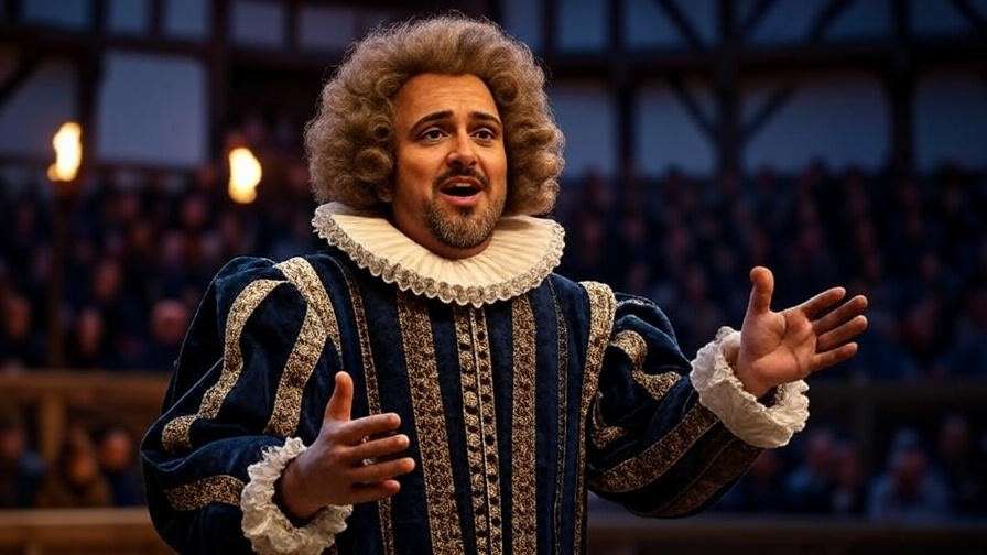 Historical reenactment of Shakespearean play with actors in creased costumes at Globe Theatre