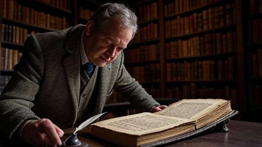 Scholar analyzing Shakespearean manuscript in a vintage library with ancient books and quill pen
