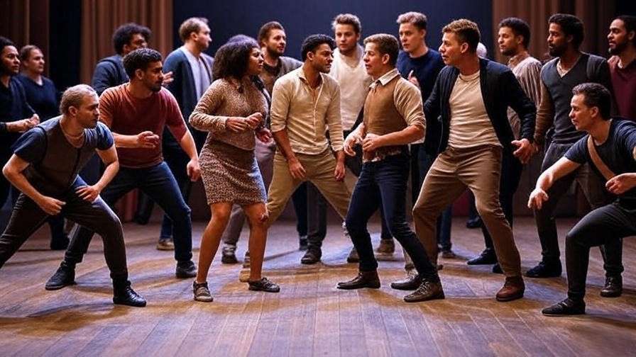 Diverse actors rehearsing Shakespearean play with modern and historical costumes on stage.