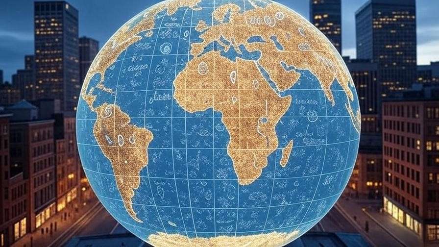 Globe with Shakespearean characters Othello and Prospero against a diverse modern cityscape.