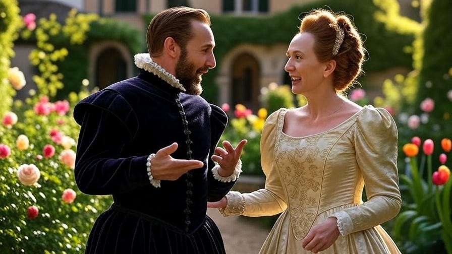 Beatrice and Benedick in a witty garden banter from Much Ado About Nothing.