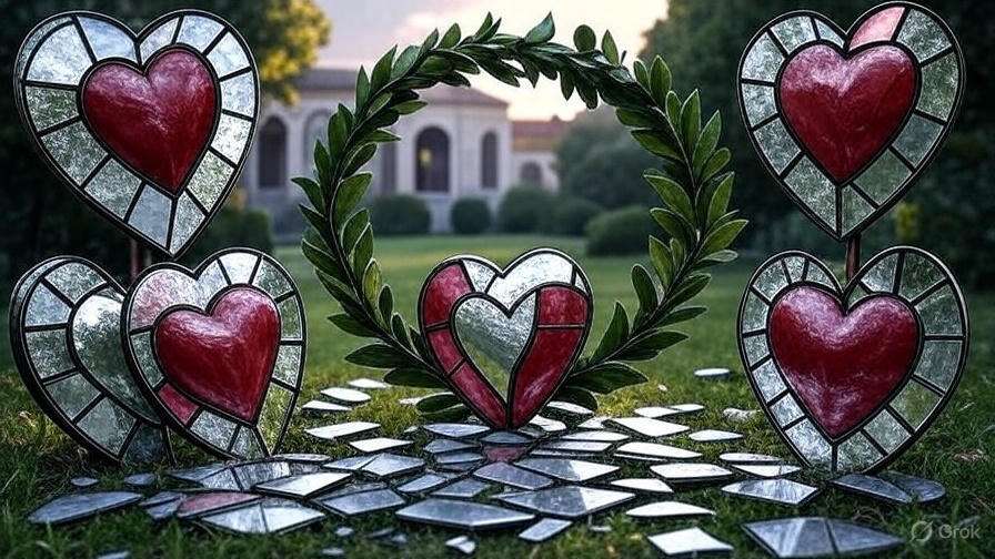 Abstract art symbolizing love, deception, and honor in Much Ado About Nothing