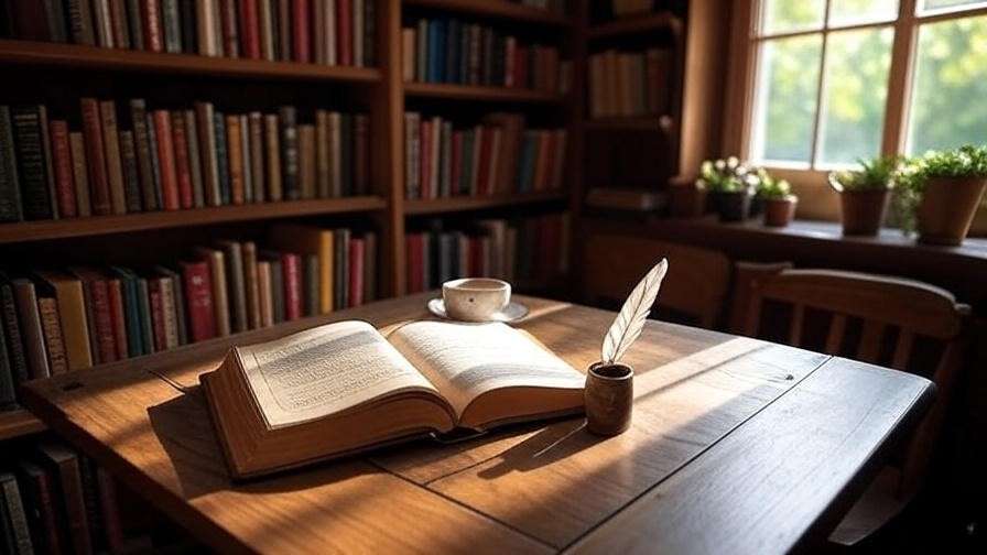 Cozy reading nook with Much Ado About Nothing book and quill