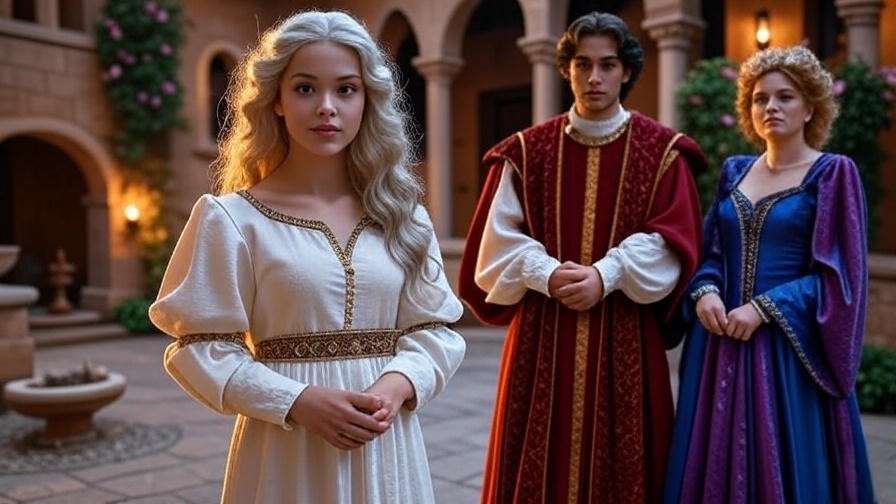 Viola as Cesario with Orsino and Olivia in Illyrian courtyard, Shakespeare Twelfth Night love triangle scene