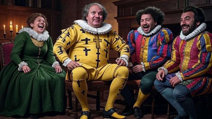 Malvolio in yellow stockings with Sir Toby, Maria, and Sir Andrew, Twelfth Night prank scene