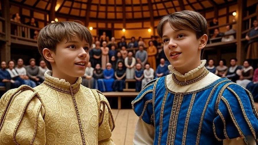 All-male cast performing Twelfth Night at Globe Theatre, Shakespearean theater scene