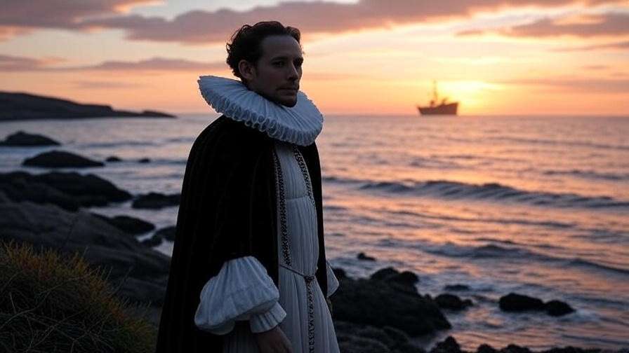 Shipwrecked coastline at dusk with Viola in Elizabethan attire, symbolizing the start of Twelfth Night.