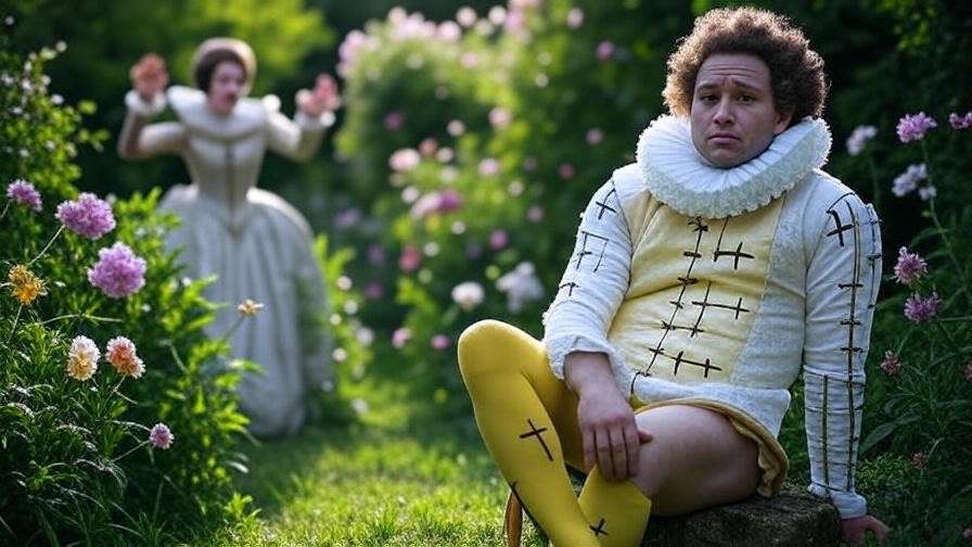 Malvolio in yellow stockings with Olivia shocked in Twelfth Night garden scene