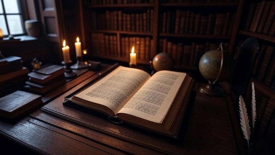 Scholarly setup with annotated Twelfth Night book and quills.