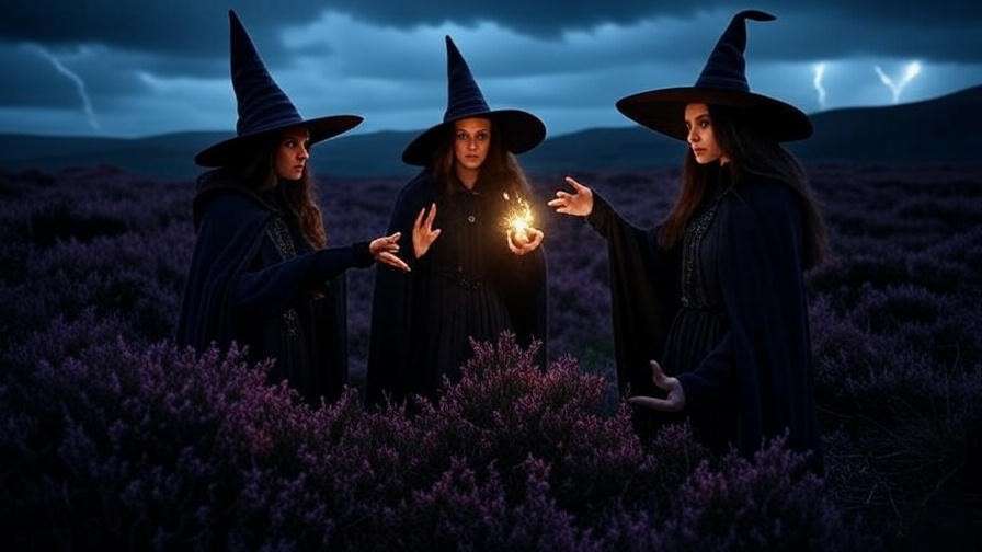 Three witches casting a spell on a stormy Scottish heath for Macbeth Act 1 summary