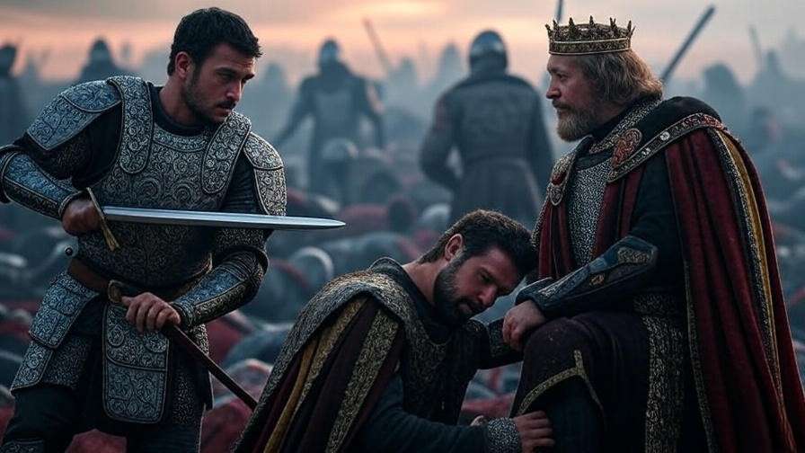 Macbeth in armor on a battlefield with King Duncan for Macbeth Act 1 summary