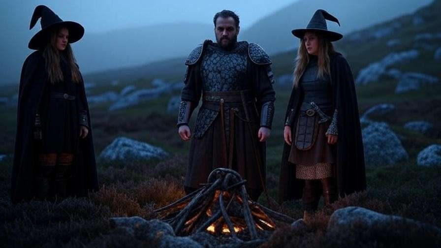 Macbeth and Banquo meeting witches on a misty heath for Macbeth Act 1 summary