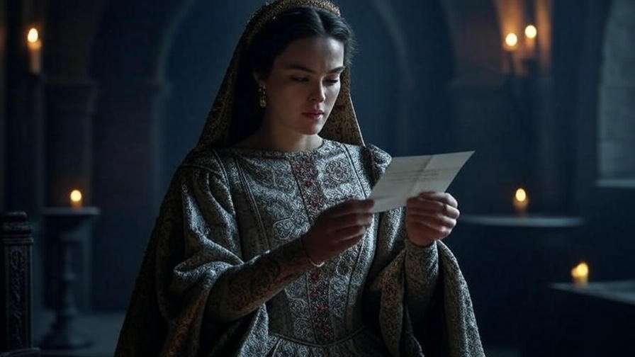 Lady Macbeth reading a letter in a gothic chamber for Macbeth Act 1 summary