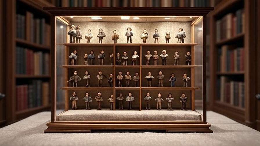 Elegant glass curio cabinet mimicking Globe Theatre stage with Shakespearean figurines and LED lighting