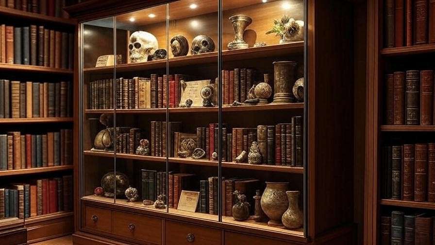 Glass curio with chronological Shakespeare collectibles including rose and skull on sleek shelves