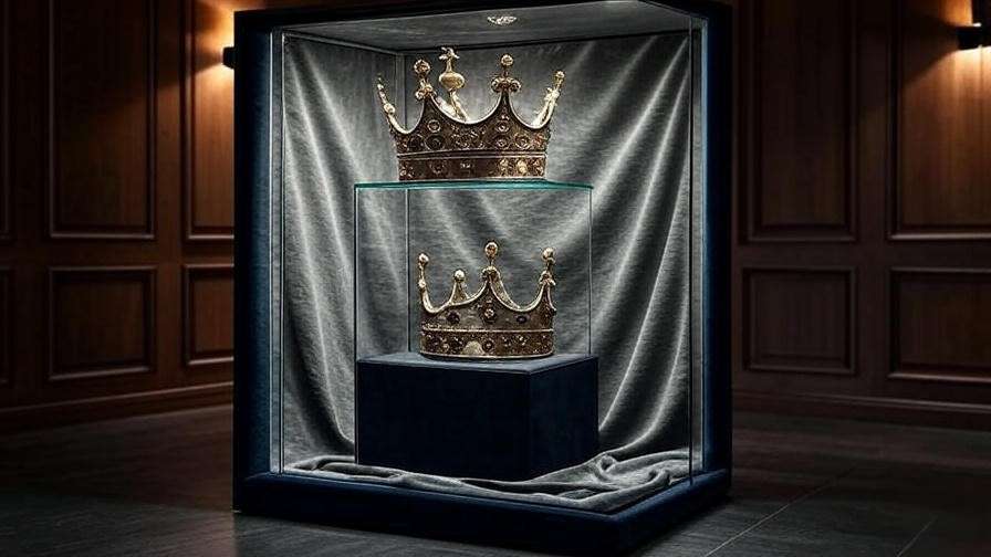 Glass curio showcasing King Lear crown in a tragic vignette with gray fabric backdrop