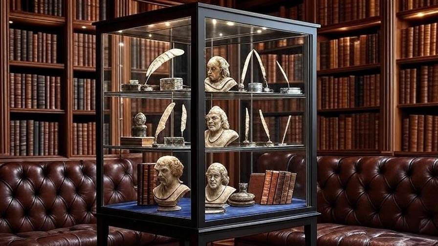 Glass curio styled as scholar’s library with Shakespeare bust and rare books