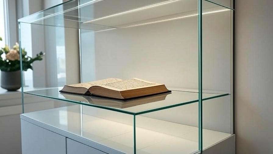 Minimalist glass curio with signed manuscript on mirrored shelf and backlighting