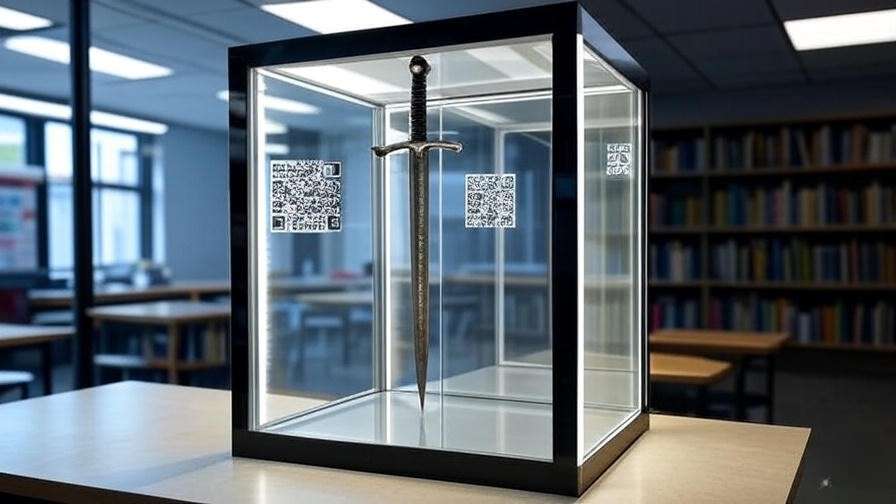 Interactive glass curio with Macbeth dagger and QR codes on touch-friendly shelves