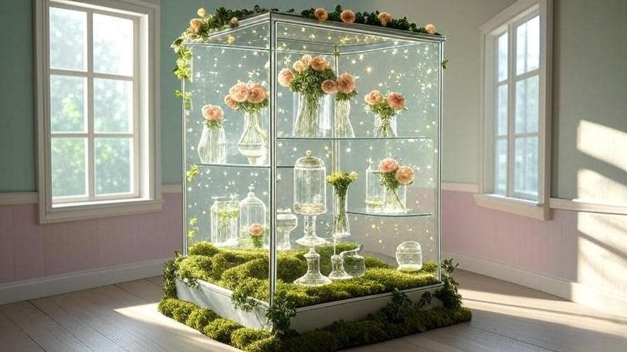 Seasonal glass curio with Midsummer Night’s Dream fairy lights and floral accents