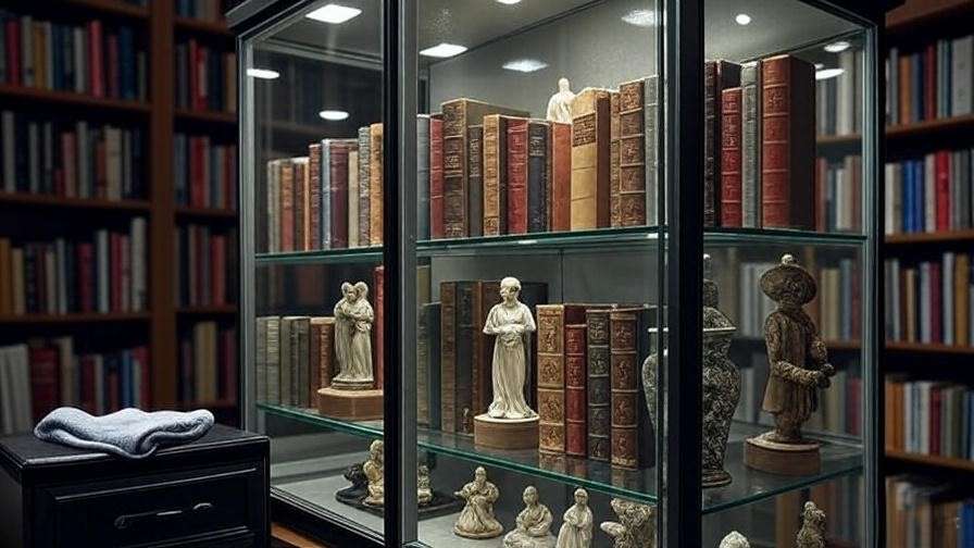 Organized glass curio with Shakespeare collectibles and cleaning tools for maintenance