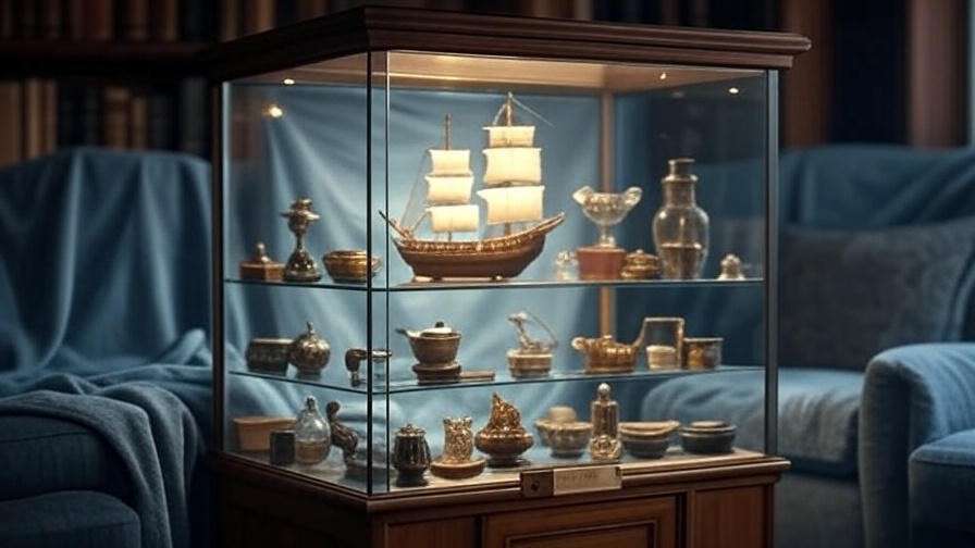 Glass curio with Tempest ship model and blue fabric for storytelling