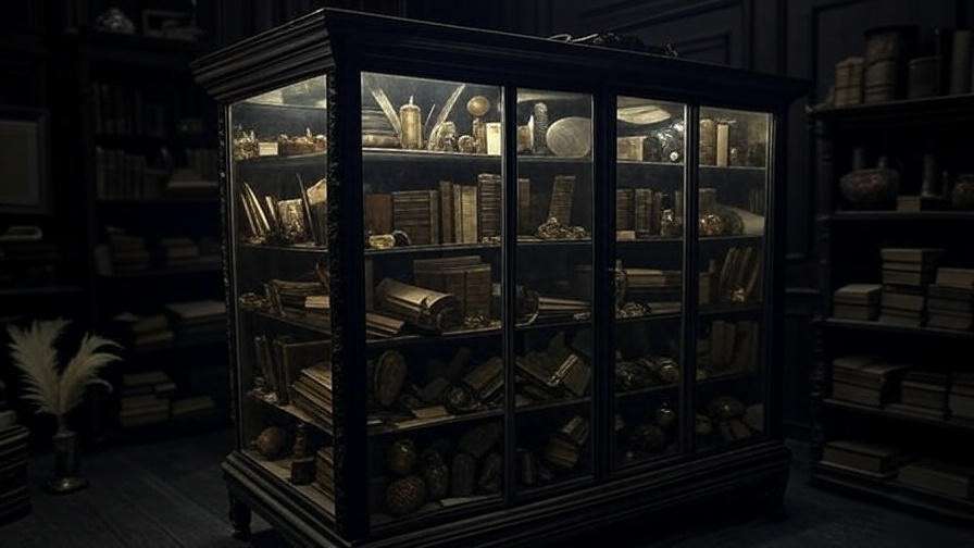 Overcrowded glass curio with mismatched items and improper lighting as a caution