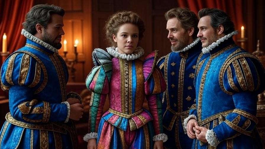 Viola in disguise as Cesario between Orsino and Olivia in Twelfth Night Elizabethan scene