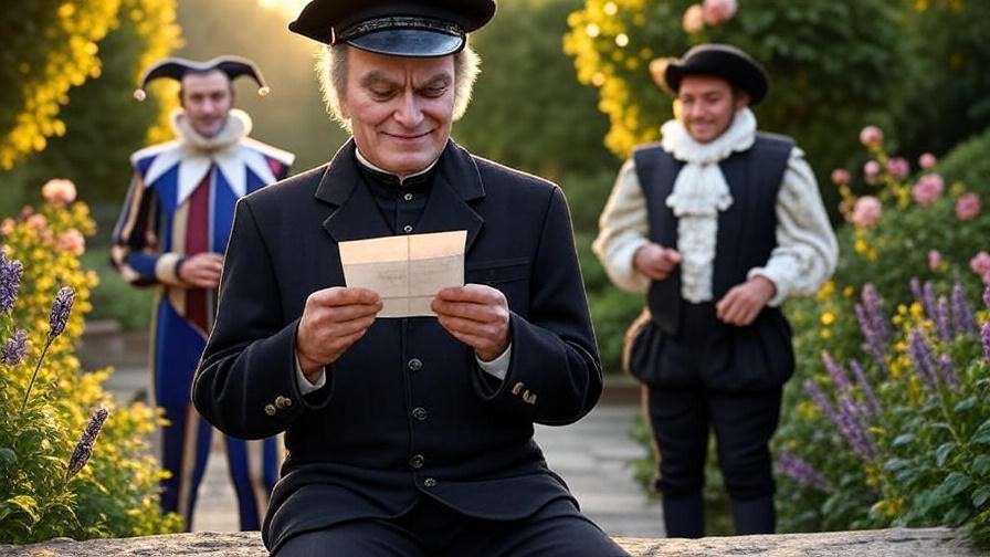 Malvolio reading forged letter with Maria and Sir Toby in Twelfth Night garden