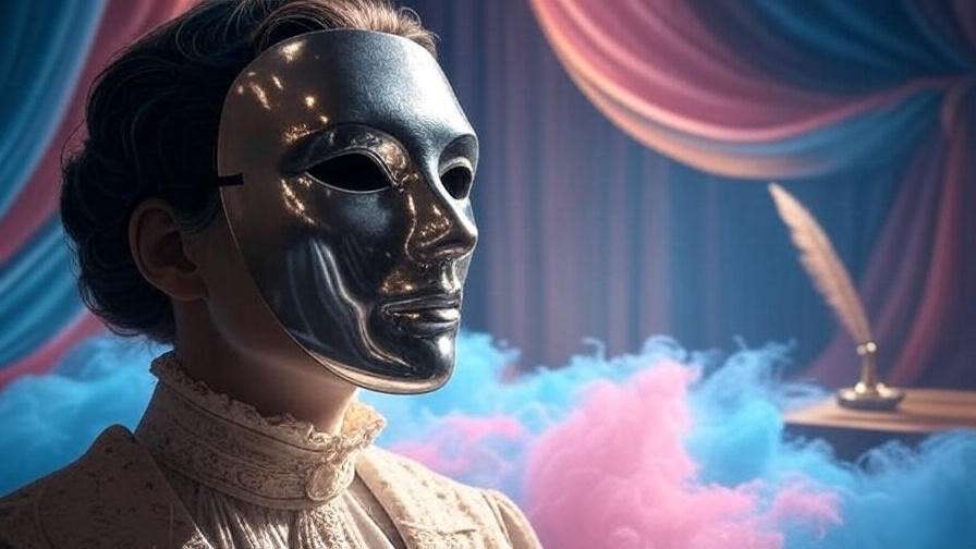 Symbolic image of identity and disguise in Twelfth Night with masked figure