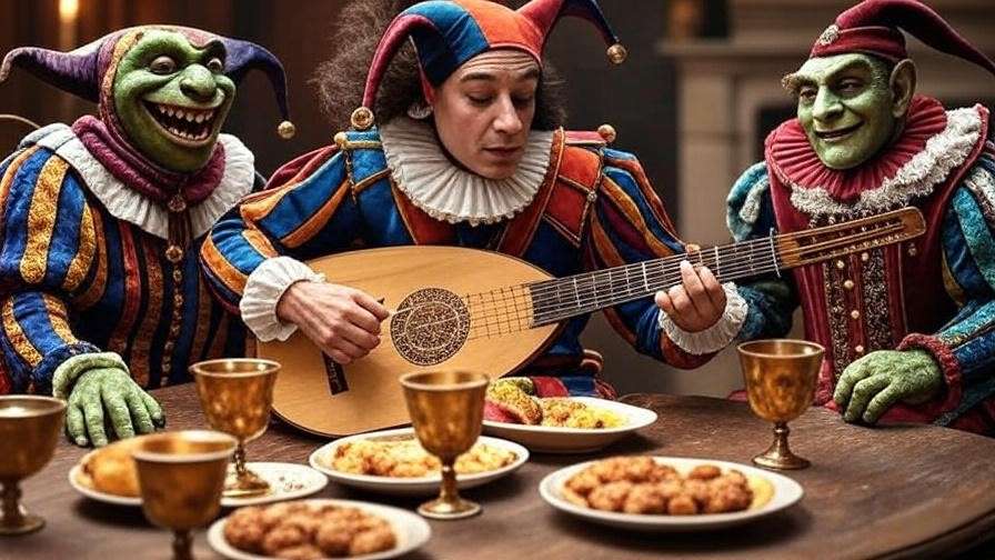 Feste performing for Sir Toby and Maria in Twelfth Night festive scene