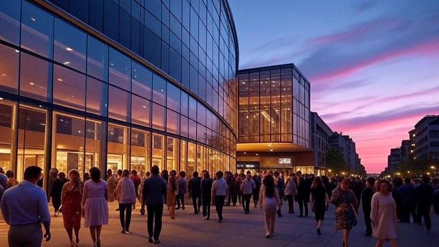 Modern theater exterior at dusk with diverse crowd entering Merchants Walk Theater, reflecting Shakespearean legacy